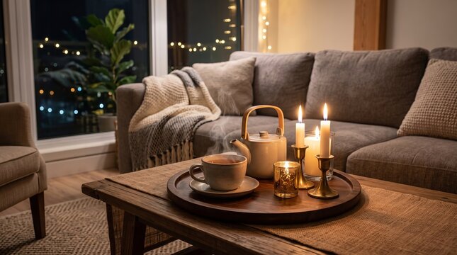 Serving a single platter with steaming tea cup and elegant candles in a modern living room, cozy sofa, peaceful atmosphere