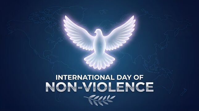 International day of non-violence poster featuring a white dove of peace flying over a dark blue map background, with glowing light rays