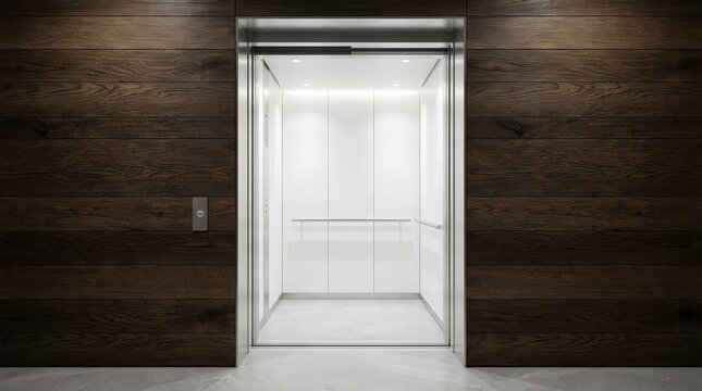 Minimalist elevator cabin open within a textured wood paneled wall.