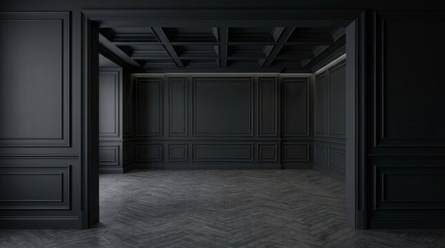 Dark minimalist interior showing a black empty room and concrete floor.