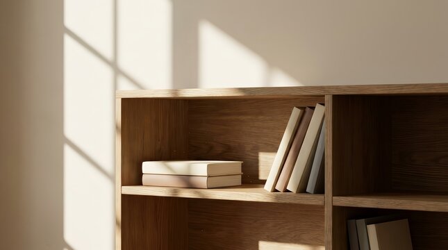 Interior design product mockup featuring a wooden bookshelf with books in warm sunlight.