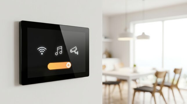 A smart home interface tablet mounted on a wall in a bright dining area