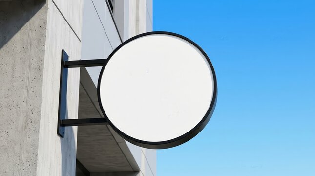 Empty round sign board hanging on a concrete building wall for street advertising mockup.