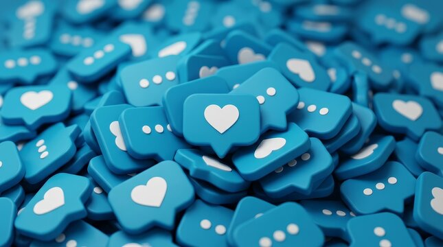 A pile of blue social media like icons and speech bubbles viewed from above.