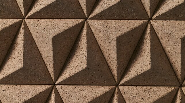Geometric pattern of textured cork tiles arranged in a repeating triangular design with natural earthy tones and soft shadows