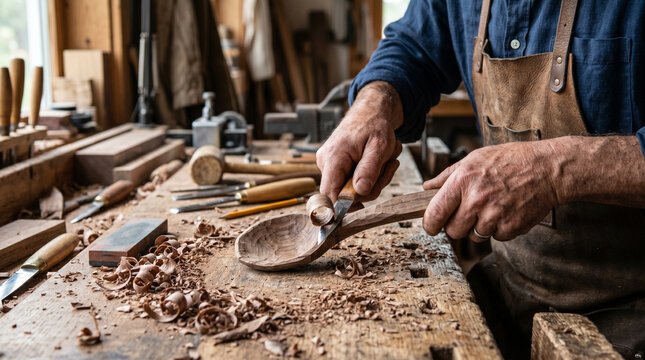 Craftsman carving a wooden spoon in a workshop filled with tools  