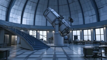 Fototapeta premium A large telescope stands in the center of an empty observatory dome with a staircase and workstations under diffused light