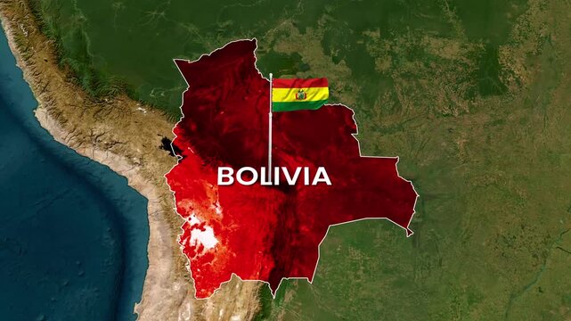 Bolivia national flag waving over digital country map video animation