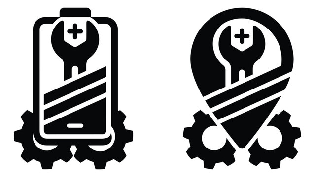 Black and white battery maintenance and location pin icons with wrench and gears for repair service