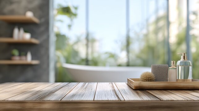 Tabletop for product display with blurred interior spa bathroom background.