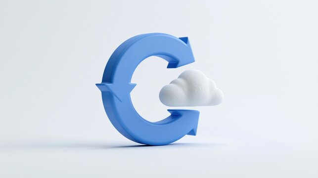 A blue circular arrow rotating around a small white puffy symbol represents the continuous synchronization of data within the vast global network and secure storage architecture for digital
