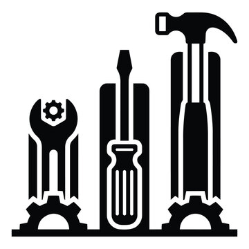 Black and white tools icon with wrench screwdriver hammer and gear for maintenance repair service