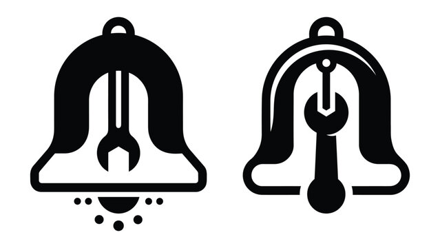 Black and white bell icons with wrench clapper for maintenance alert and repair notification service