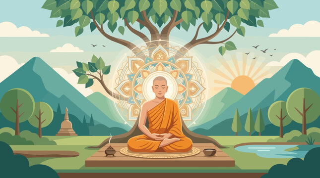 A Buddhist monk meditating peacefully under a large tree
