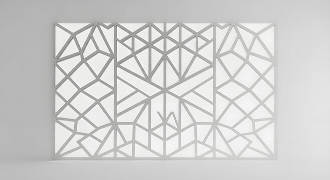 White geometric laser cut panel with abstract lattice pattern on grey background.