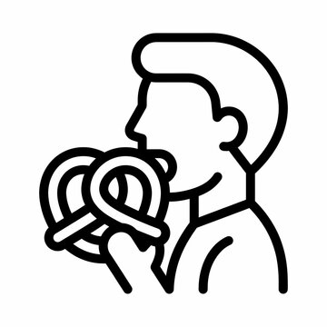 Man profile eating a crispy pretzel snack line icon