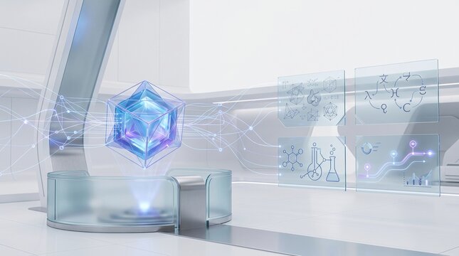 ​Quantum computing crystal core processing scientific math data and chemical structures in futuristic lab