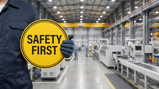 Industrial worker holding a yellow safety first sign inside a modern automated factory as a concept of workplace protection and hazard prevention, with copy space.