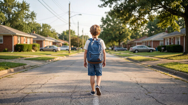 Schoolboy wearing a backpack walking alone along a quiet suburban residential street commuting to the school through the neighborhood during a sunny morning.