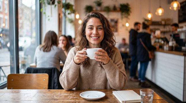 Smiling young woman enjoying a hot coffee at a busy modern cafe while sitting at a wooden table with notebook in a relaxed urban setting.