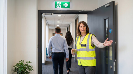 Plakat Female floor warden guiding office employees through an open emergency exit during a workplace evacuation drill, safety procedure and building emergency preparedness training.
