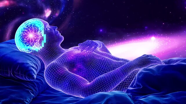 Digital Human Silhouette Resting on Pillow with Glowing Brain Activity, Astral Projection and Deep Sleep Concept