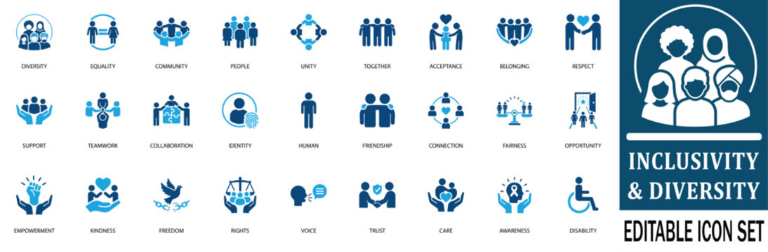 Diversity and inclusivity  icon set. Vector symbols for community, equality, teamwork, human rights, unity, support, and social togetherness.
