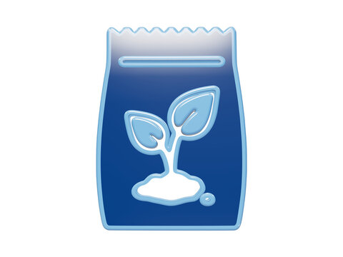 Glossy blue bag icon featuring a sprouting plant symbol for gardening and agriculture isolated on a transparent background