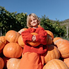 Naklejka premium Smiling child holding a pumpkin by a pile of large pumpkins in a vineyard for autumn harvest background and seasonal banner design