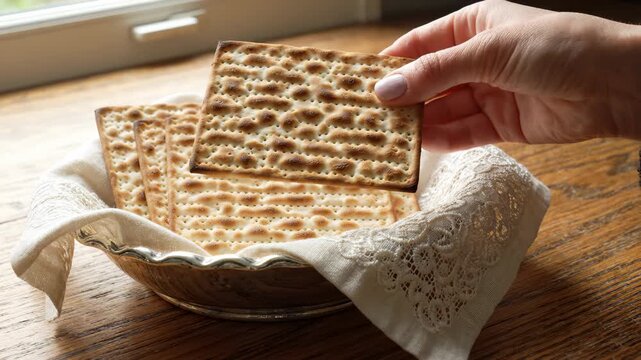 Hand Picking Matzah Bread From a Decorative Bowl During Passover Celebration