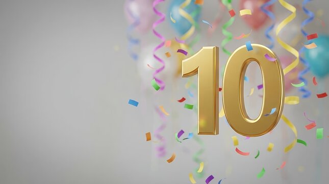 A tenth anniversary celebration with colorful confetti falling in a 3D rendering representing a decade milestone tenth 10th anniversary celebration party festive confetti colorful falling floating 3D