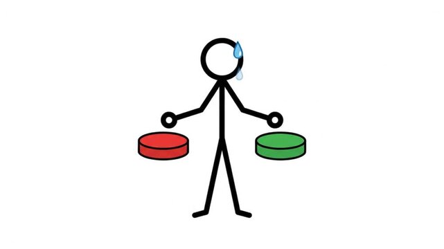 Animated Stick Figure Hesitating Choosing Red or Green Button Concept