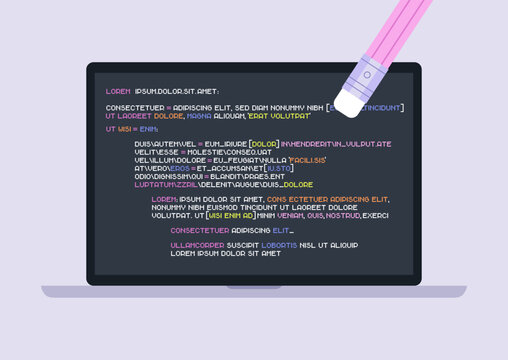 A pencil eraser erasing a programming code written on a laptop screen, back end development, fixing bugs and errors
