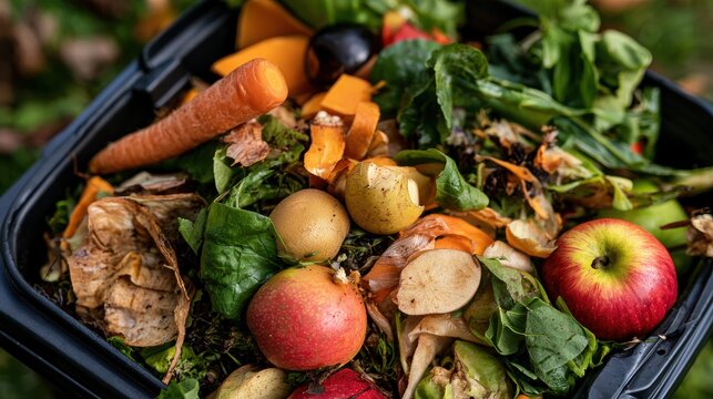 Colorful Organic Food Waste Pile with Fresh Fruits and Vegetables Ready for Composting in Eco-Friendly Garden Environment