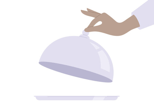 A graceful hand hovers over a clean tray, lifting a cloche to reveal a hidden treasure, This scene captures the elegance of fine dining and the excitement of a gourmet reveal.