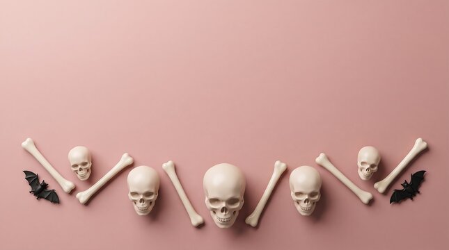 Flat lay composition of human skulls bones and small bats arranged on a solid light pink background