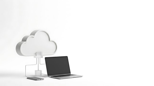 Modern laptop and smartphone connected to a stylized cloud computing icon on white background.
