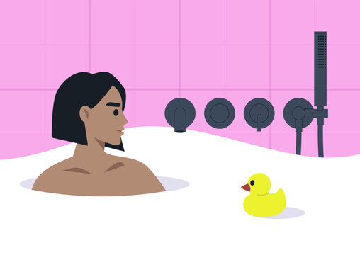 A young character enjoys a serene bath surrounded by elegant, modern fixtures and soft, fluffy bubbles, The atmosphere radiates calmness in a chic bathroom setting.