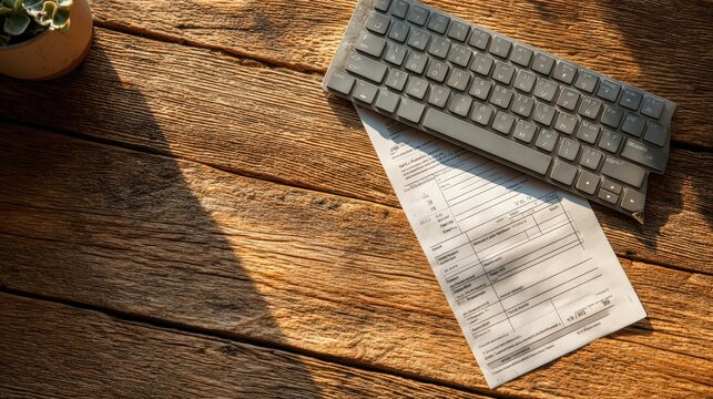 Modern Workspace with Keyboard and Document on Rustic Wooden Table