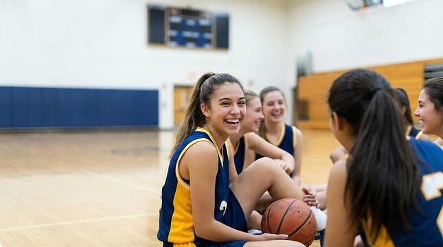Happy and Confident Teenage Female Athlete Smiling Brightly at the Camera While Sitting on the Gym Floor During Half-Time of a Basketball Game Socializing with Teammates a Basketball Nearby