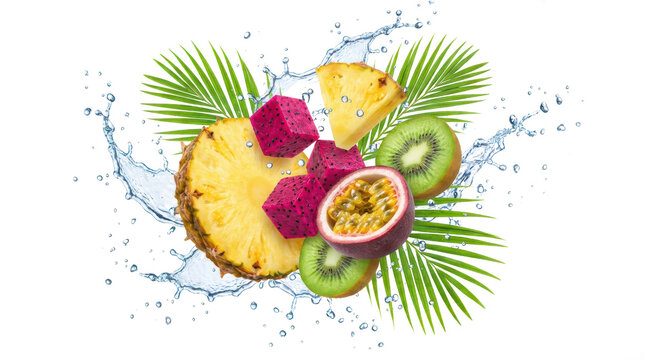 Tropical fruits explosion with fresh pineapple pitaya cubes kiwi slices passion fruit green palm leaves and crystal water splashes creating a dynamic composition palm leaf