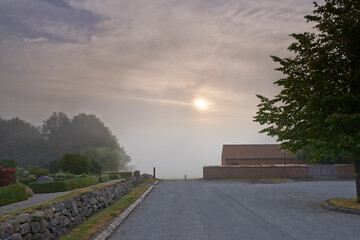 Naklejka premium Sky, winter or road at sunset for travel, scenic route and peace in environment, highway or adventure. Switzerland, outdoor or asphalt for journey, drive or trip on holiday vacation in countryside