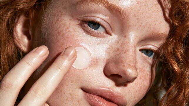 Close-Up of a Young Woman with Freckles Applying Moisturizer to Her Face in a Natural Light Setting for Skincare Concept