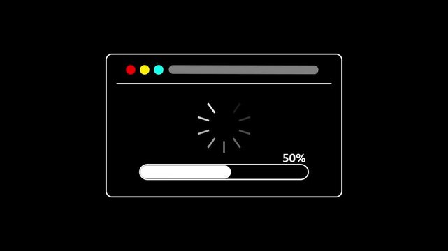 Web browser window loading animation with progress bar and buffering spinner icon