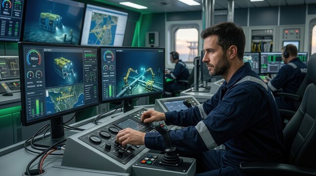 Marine Engineer Operates Subsea ROV Control Station on Offshore Vessel, Monitoring Deep Sea Operations
