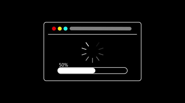 Web browser window loading animation with progress bar and buffering spinner icon