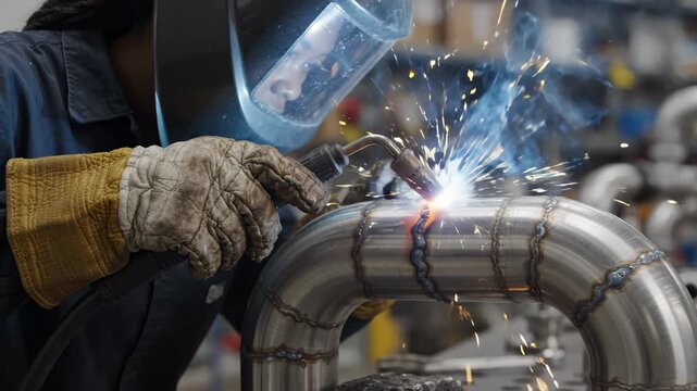 Professional Welder Using Mig Welding Torch on Metal Pipe in Workshop