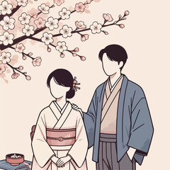 Fototapeta premium Japanese Couple Enjoying Beautiful Cherry Blossoms Vector Illustration