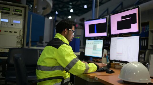 Industrial worker in high visibility clothing using multiple computer monitors at a workstation, supporting workplace operations and industrial technology.