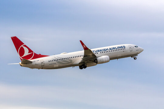 Hannover, Germany &ndash; 25 August 2026 Turkish Airlines Boeing 737-800 TC-JVP Climbing After Takeoff with Landing Gear Extended